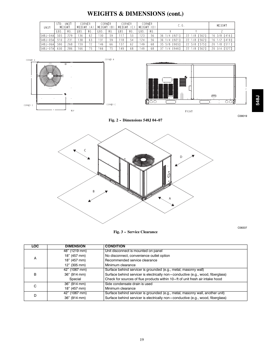 Weights & dimensions (cont.) | Bryant PACKAGED HEAT PUMP 548J User Manual | Page 19 / 76