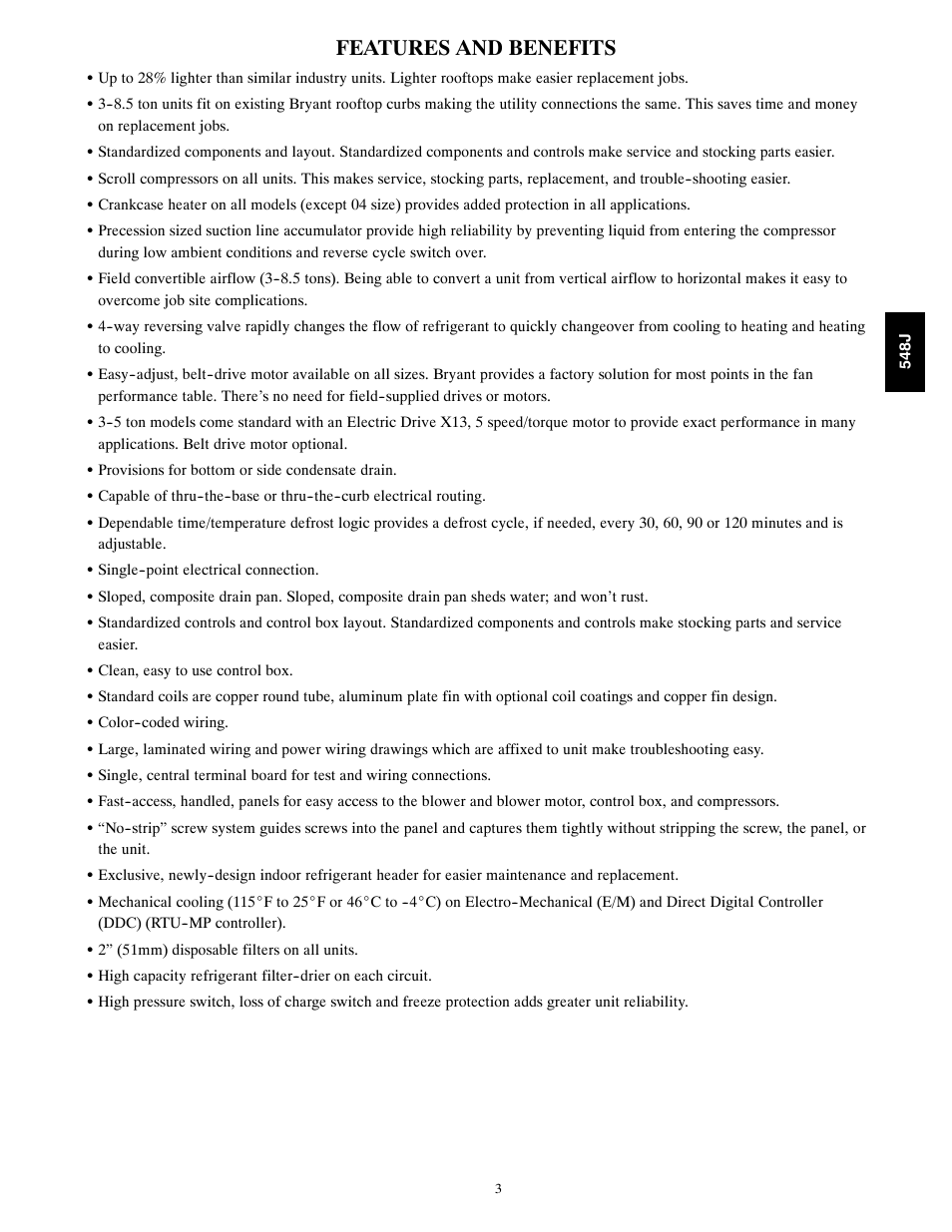 Features and benefits | Bryant PACKAGED HEAT PUMP 548J User Manual | Page 3 / 76