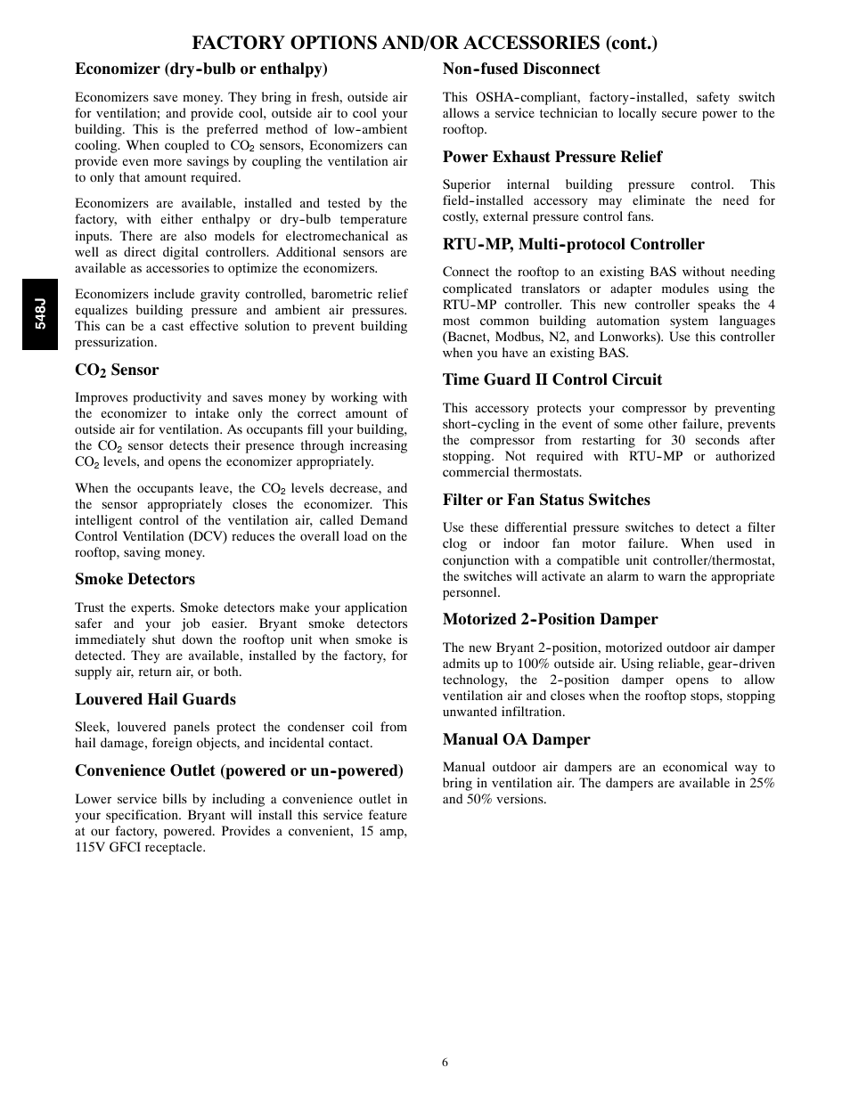 Factory options and/or accessories (cont.) | Bryant PACKAGED HEAT PUMP 548J User Manual | Page 6 / 76