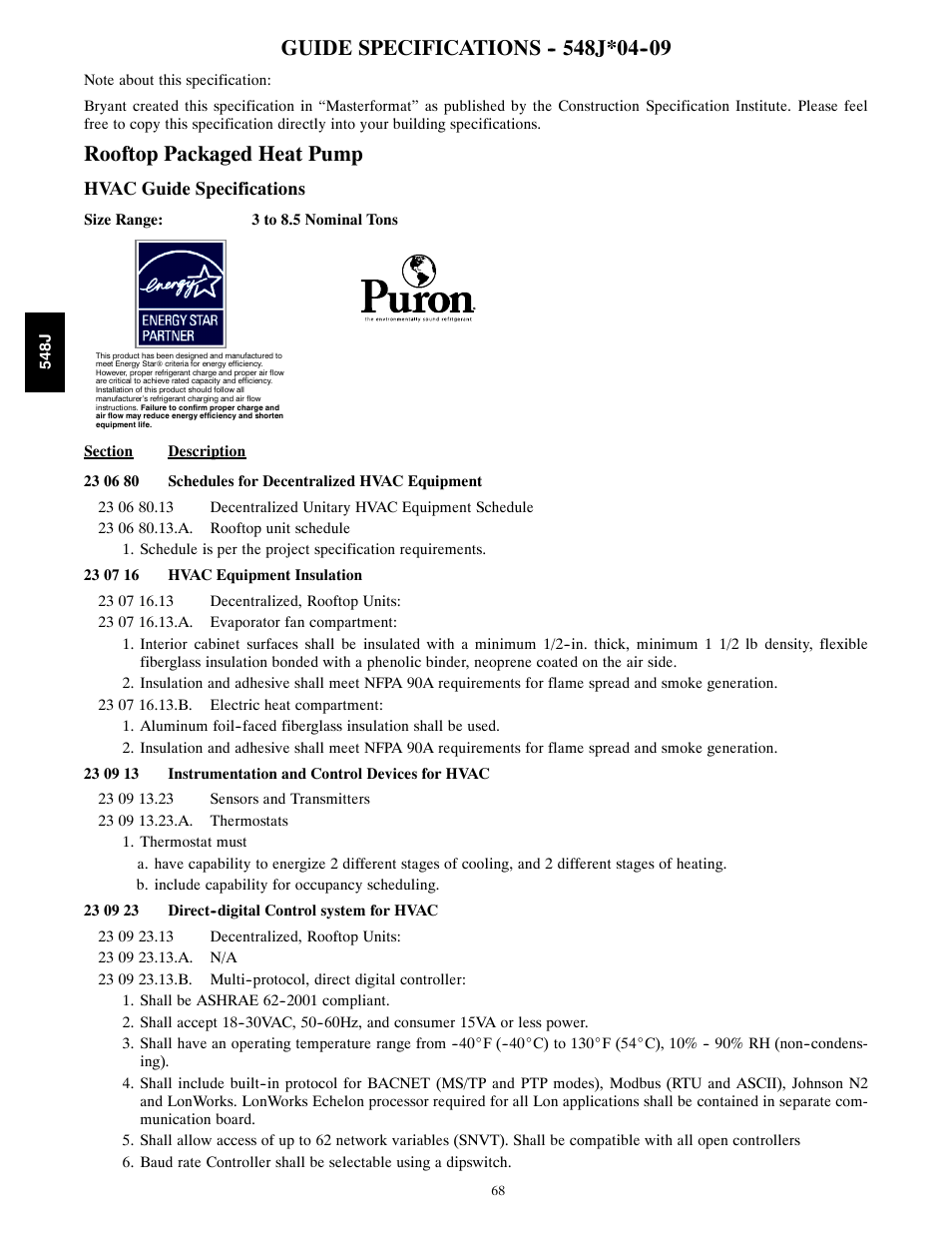 Guide specifications j*04, Rooftop packaged heat pump, Hvac guide specifications | Bryant PACKAGED HEAT PUMP 548J User Manual | Page 68 / 76