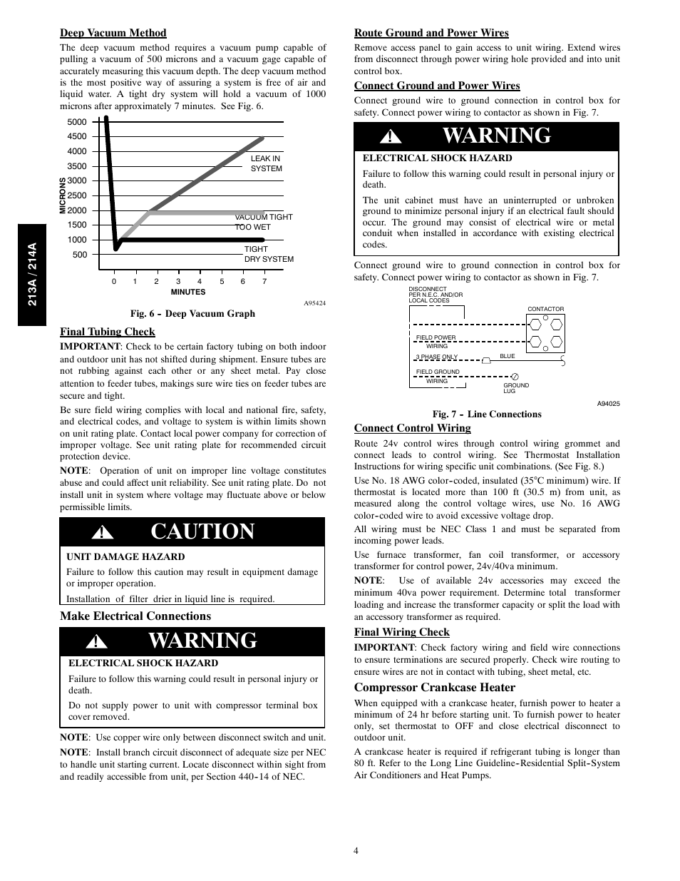 Caution, Warning, Make electrical connections | Compressor crankcase heater | Bryant 213A User Manual | Page 4 / 8