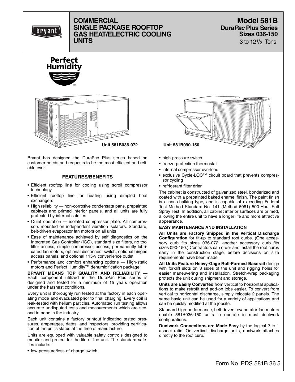 Bryant COMMERCIAL SINGLE PACKAGE ROOFTOP GAS HEAT/ELECTRIC COOLING 581B User Manual | 64 pages