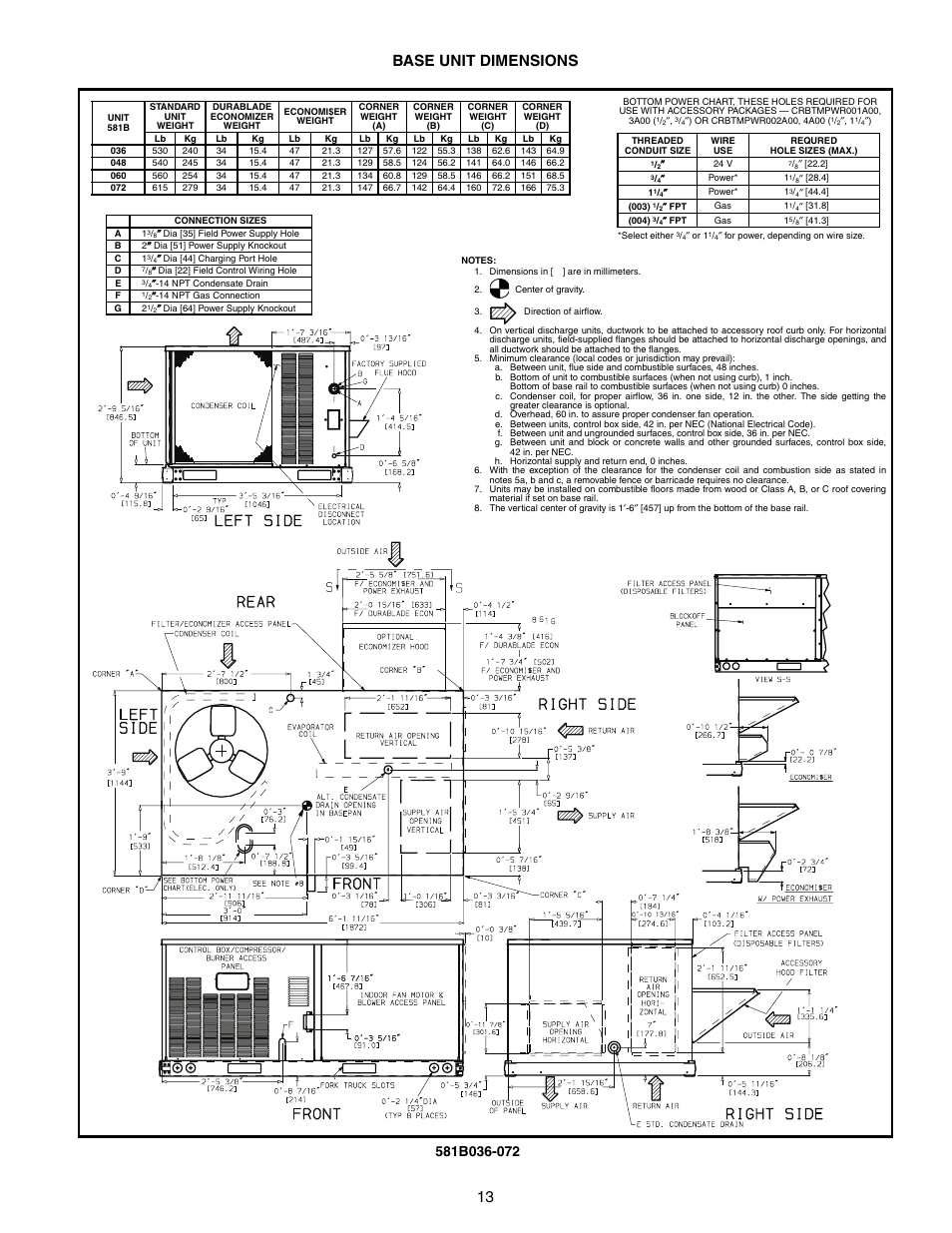 13 base unit dimensions | Bryant COMMERCIAL SINGLE PACKAGE ROOFTOP GAS HEAT/ELECTRIC COOLING 581B User Manual | Page 13 / 64
