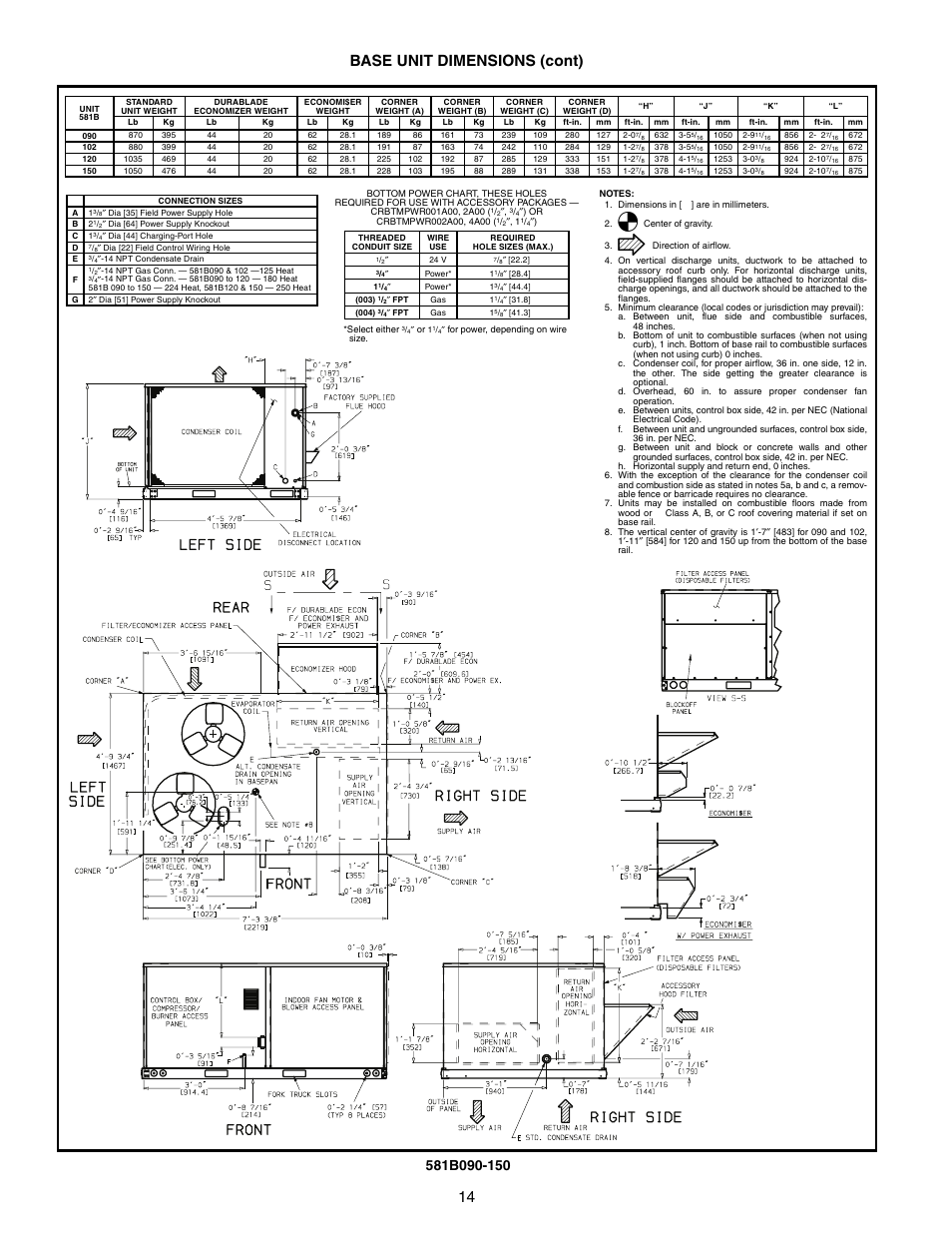 14 base unit dimensions (cont) | Bryant COMMERCIAL SINGLE PACKAGE ROOFTOP GAS HEAT/ELECTRIC COOLING 581B User Manual | Page 14 / 64