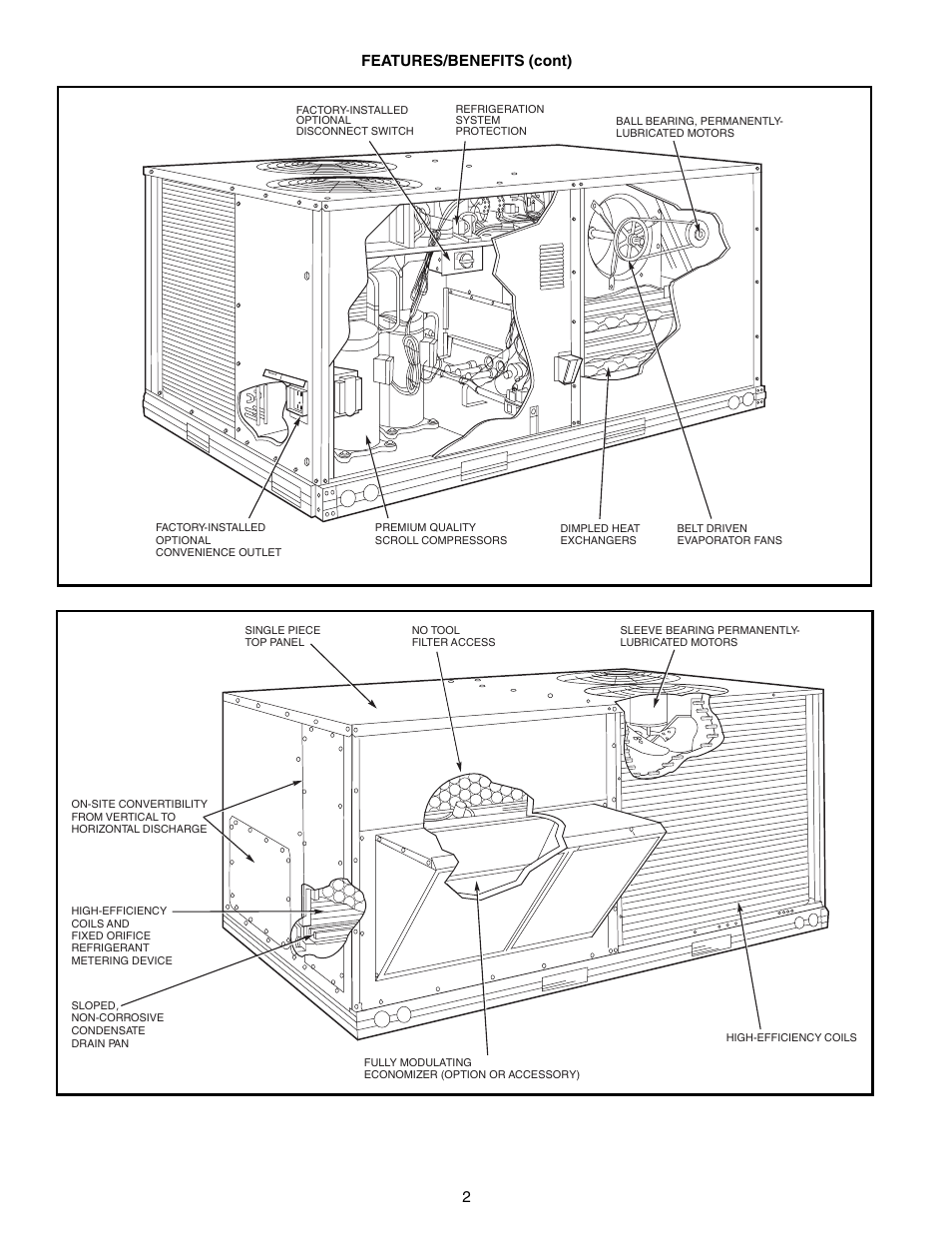 2features/benefits (cont) | Bryant COMMERCIAL SINGLE PACKAGE ROOFTOP GAS HEAT/ELECTRIC COOLING 581B User Manual | Page 2 / 64