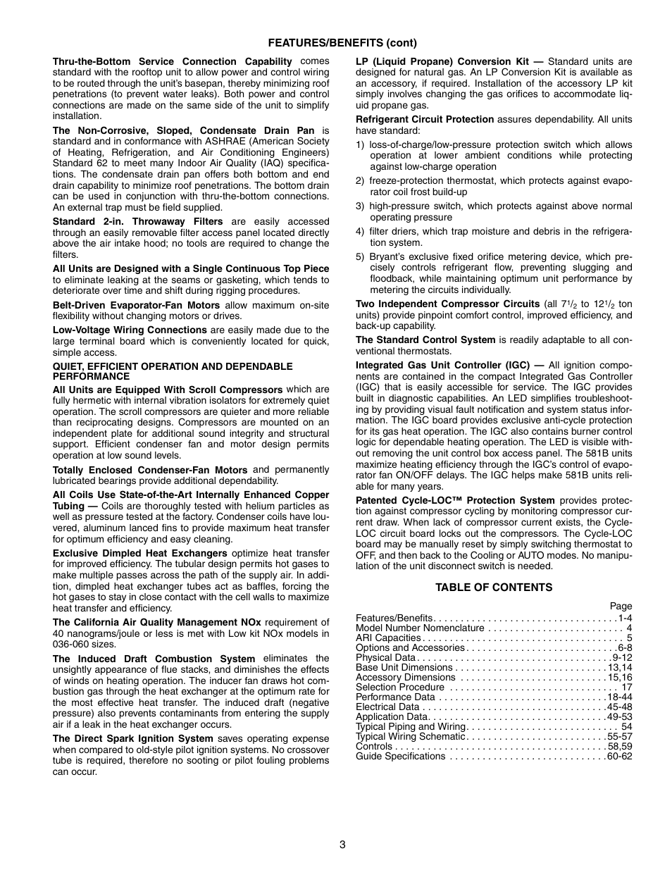 Bryant COMMERCIAL SINGLE PACKAGE ROOFTOP GAS HEAT/ELECTRIC COOLING 581B User Manual | Page 3 / 64