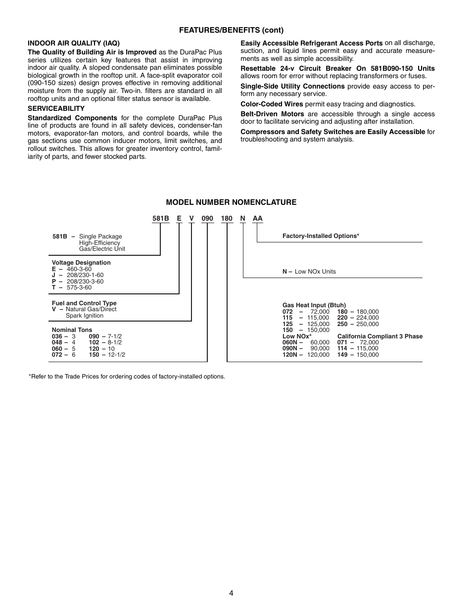 Bryant COMMERCIAL SINGLE PACKAGE ROOFTOP GAS HEAT/ELECTRIC COOLING 581B User Manual | Page 4 / 64