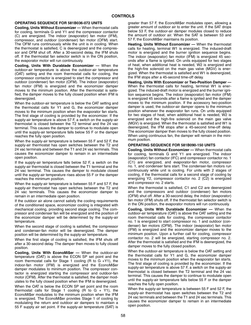 Bryant COMMERCIAL SINGLE PACKAGE ROOFTOP GAS HEAT/ELECTRIC COOLING 581B User Manual | Page 58 / 64