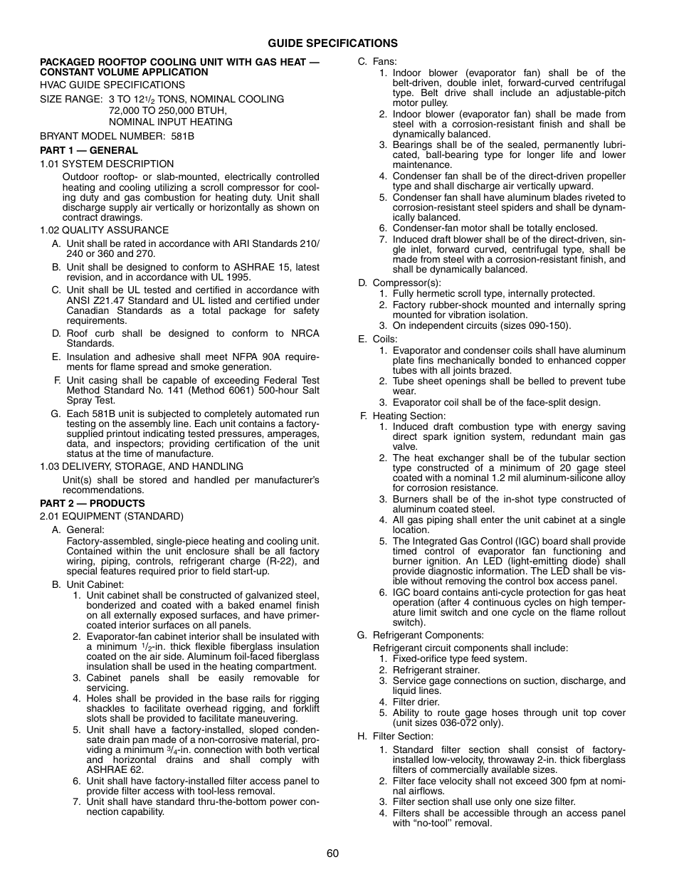 Bryant COMMERCIAL SINGLE PACKAGE ROOFTOP GAS HEAT/ELECTRIC COOLING 581B User Manual | Page 60 / 64