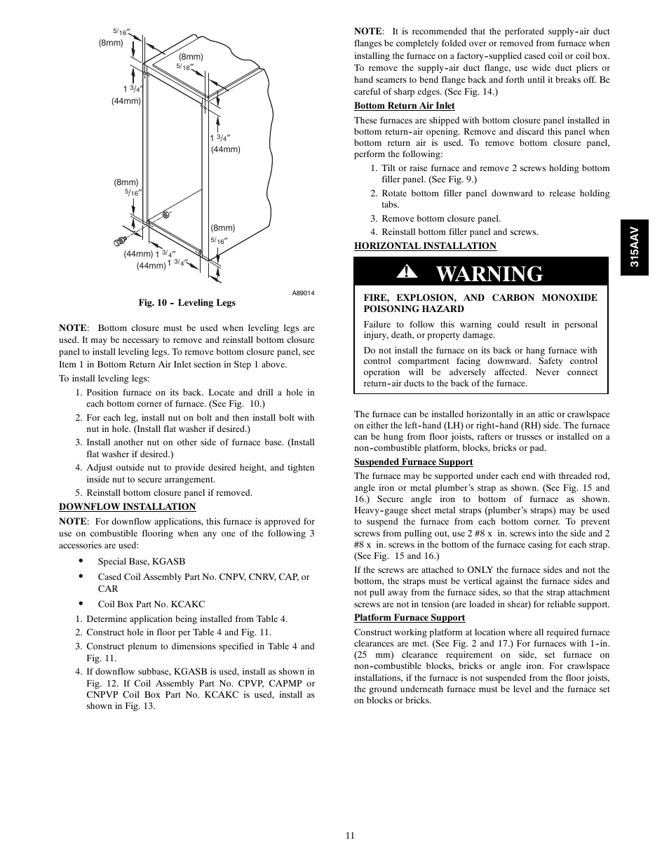 Warning | Bryant Gas Furance 315AAV User Manual | Page 11 / 60
