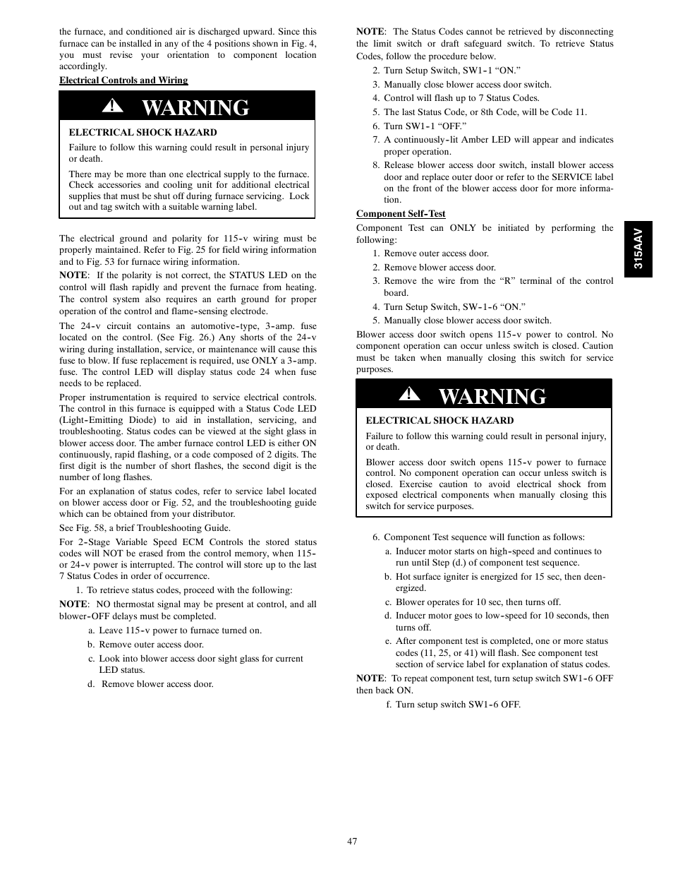 Warning | Bryant Gas Furance 315AAV User Manual | Page 47 / 60