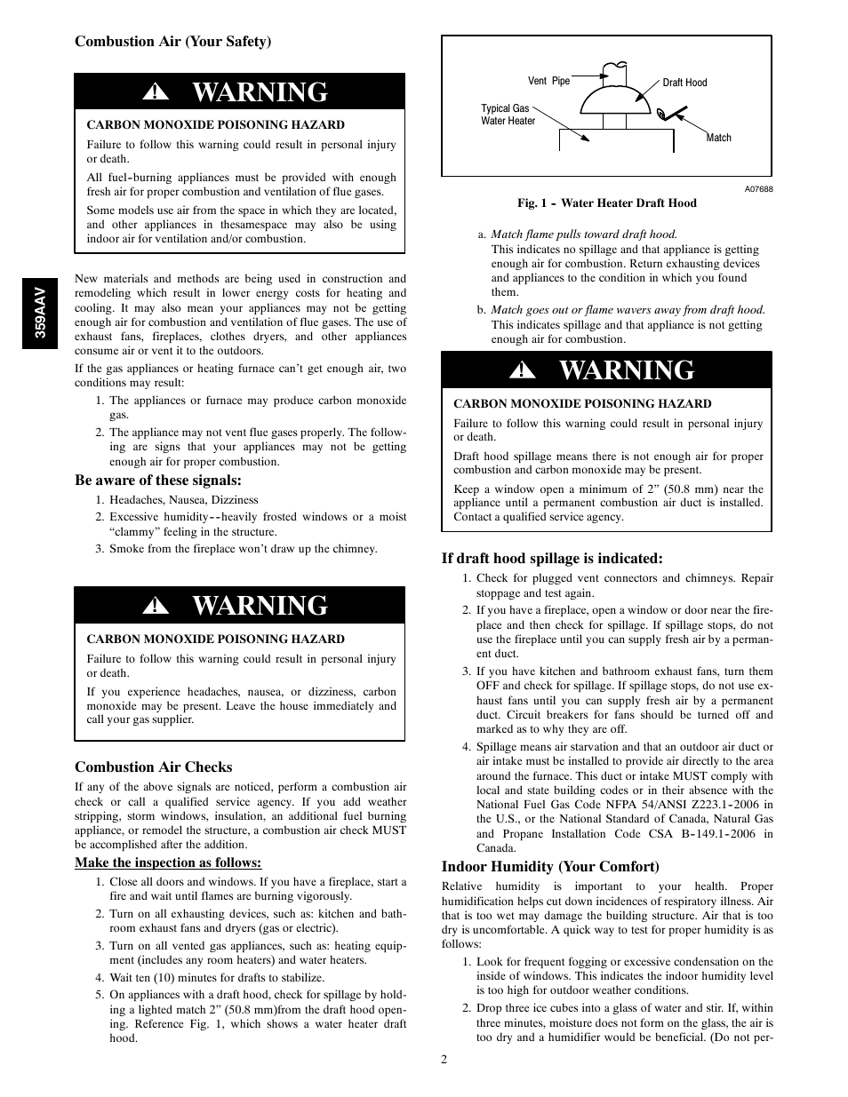Warning | Bryant HIGH EFFICIENCY GAS FURNACE 359AAV User Manual | Page 2 / 8