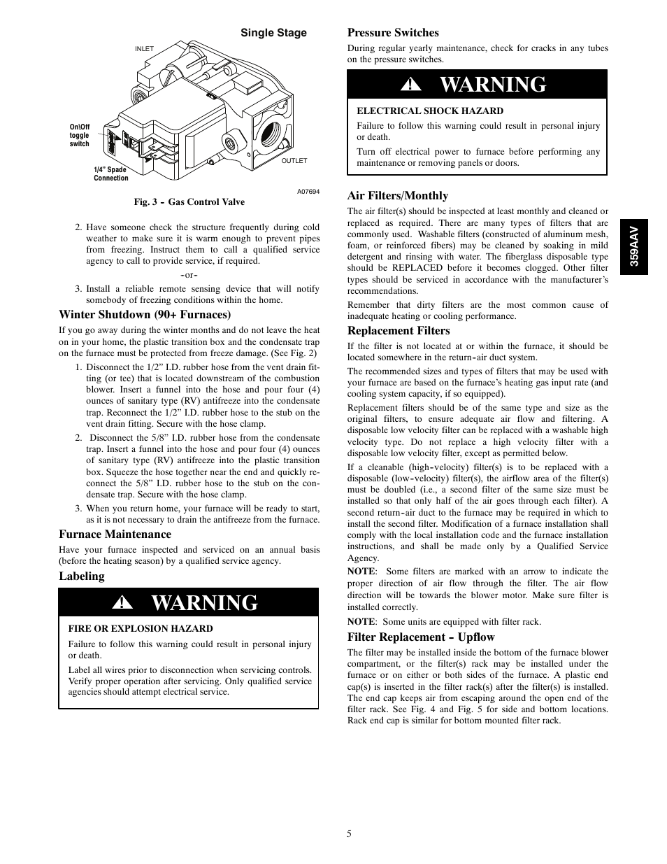 Warning | Bryant HIGH EFFICIENCY GAS FURNACE 359AAV User Manual | Page 5 / 8