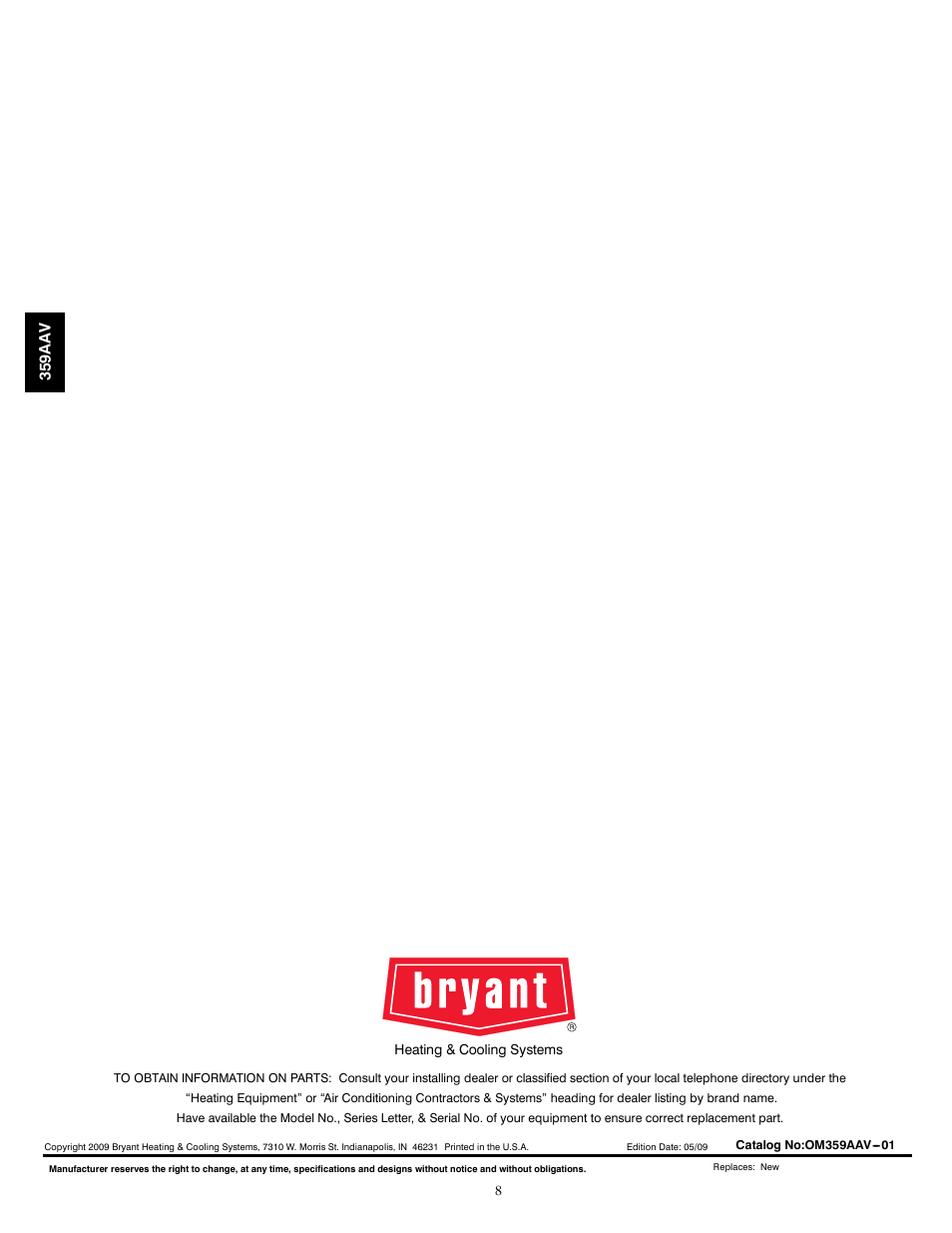 359aa v | Bryant HIGH EFFICIENCY GAS FURNACE 359AAV User Manual | Page 8 / 8