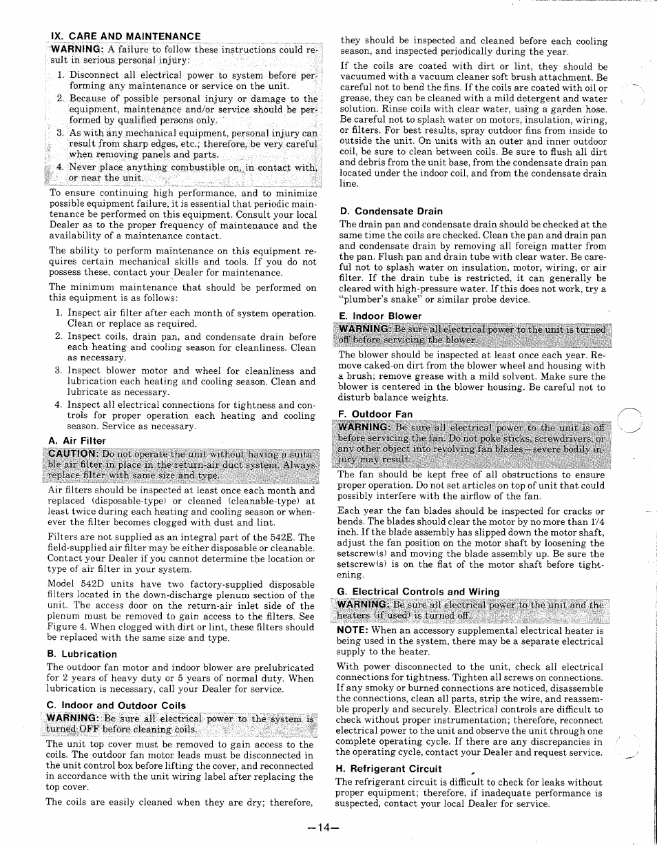 Ix. care and maintenance, A. air filter, B. lubrication | C. indoor and outdoor coils, D. condensate drain, E. indoor blower, F. outdoor fan, G. electrical controls and wiring, H. refrigerant circuit | Bryant 542E User Manual | Page 14 / 16