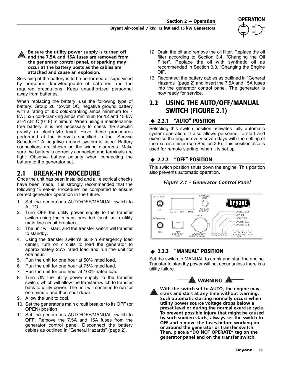 1 break-in procedure, 2 using the auto/off/manual switch (figure 2.1), 1 “auto” position | 2 “off” position, 3 “manual” position, Figure 2.1 – generator control panel | Bryant ASPAS1BBA012 User Manual | Page 11 / 24