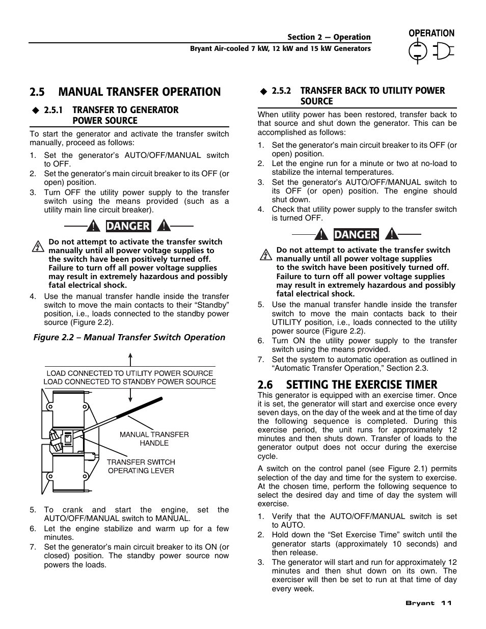 5 manual transfer operation, 6 setting the exercise timer, Danger | Bryant ASPAS1BBA012 User Manual | Page 13 / 24