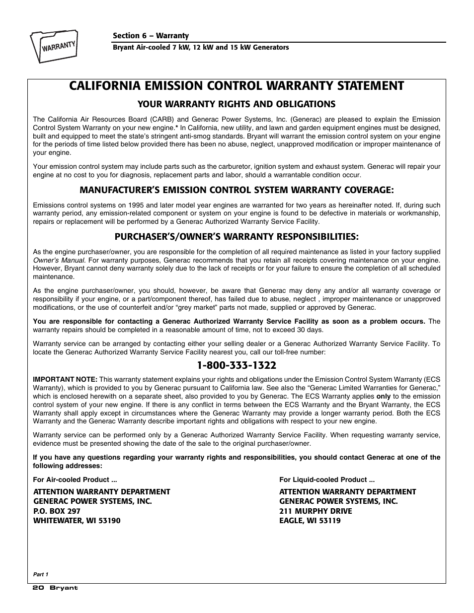 California emission control warranty statement | Bryant ASPAS1BBA012 User Manual | Page 22 / 24