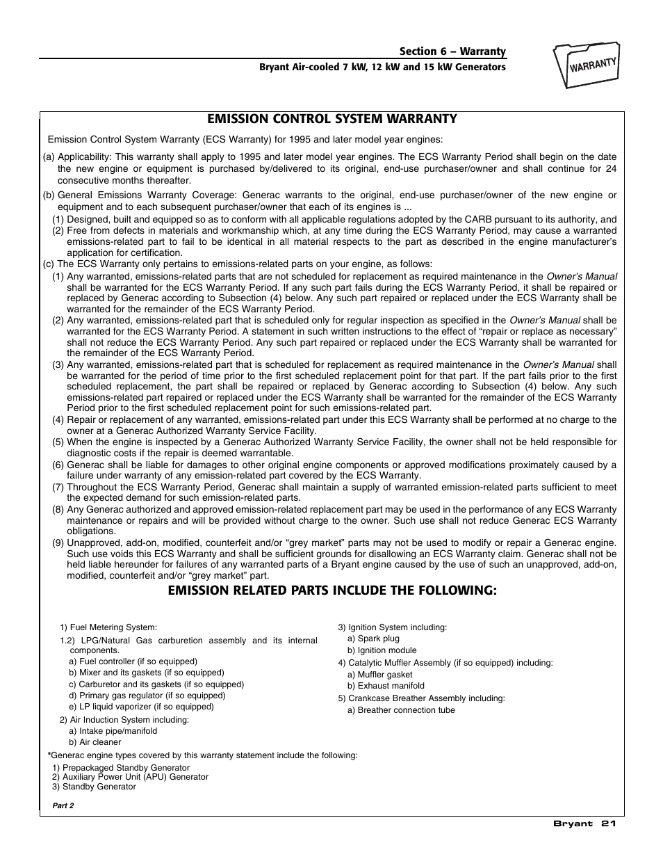 Emission control system warranty, Emission related parts include the following | Bryant ASPAS1BBA012 User Manual | Page 23 / 24