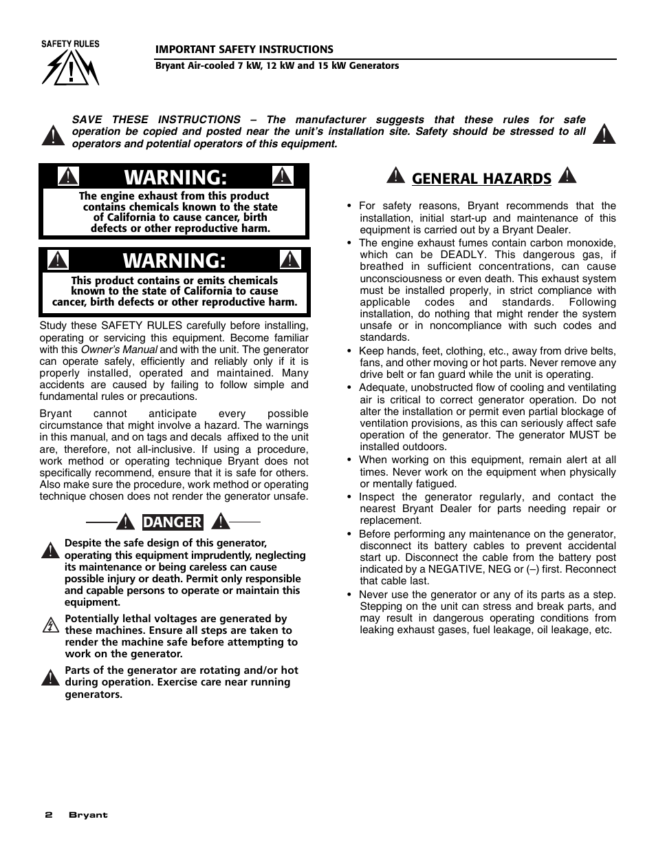 Warning, General hazards, Danger | Bryant ASPAS1BBA012 User Manual | Page 4 / 24