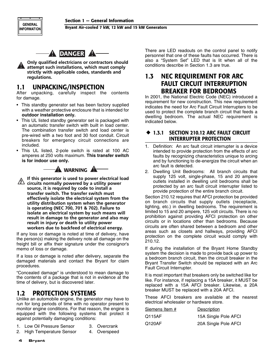 1 unpacking/inspection, 2 protection systems, Danger | Bryant ASPAS1BBA012 User Manual | Page 6 / 24