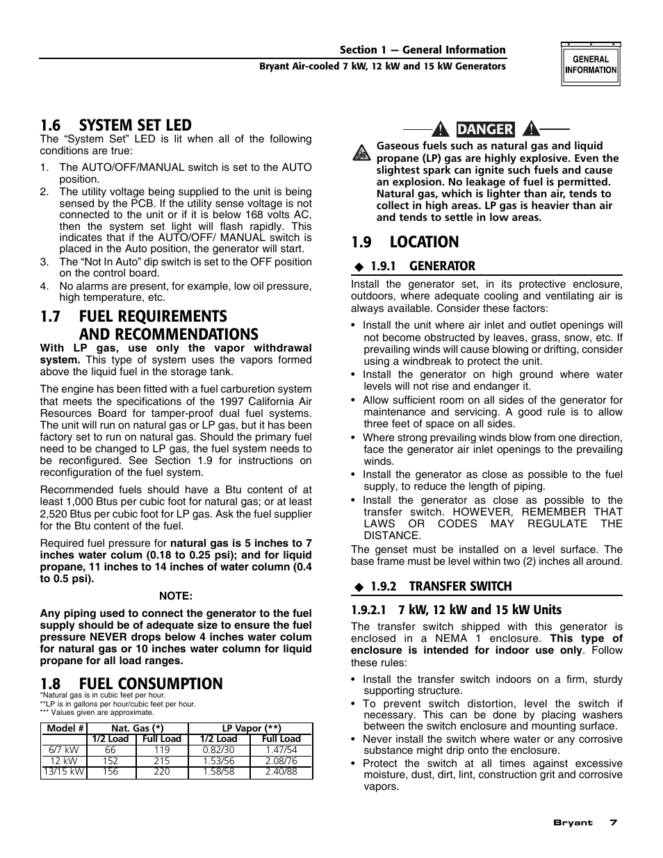 6 system set led, 7 fuel requirements and recommendations, 8 fuel consumption | 9 location, Danger | Bryant ASPAS1BBA012 User Manual | Page 9 / 24