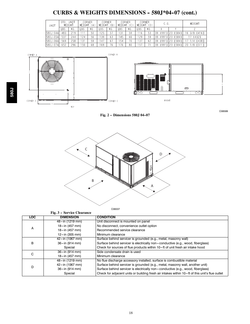 Curbs & weights dimensions j*04 (cont.) | Bryant LEGACY LINE 580J User Manual | Page 18 / 86