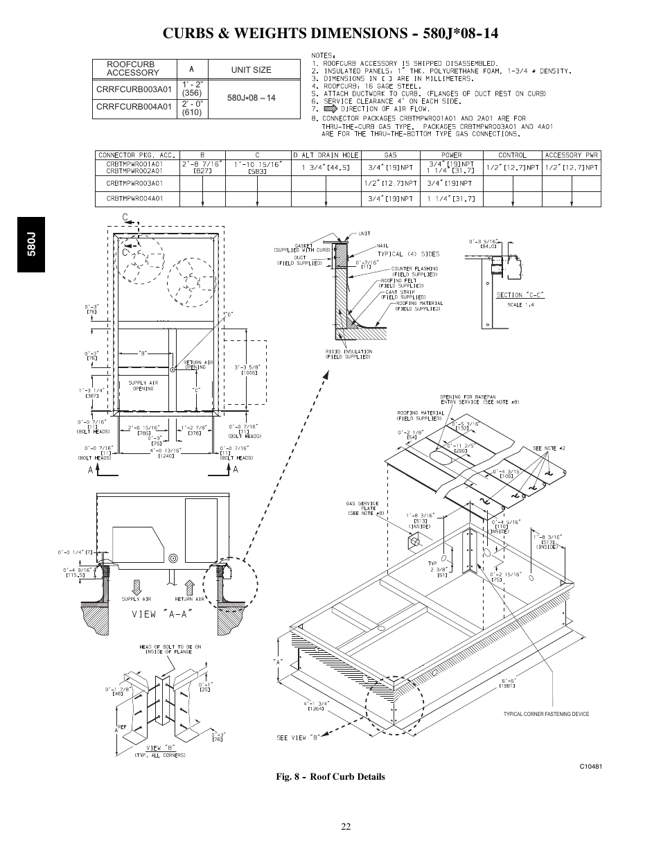 Curbs & weights dimensions j*08 | Bryant LEGACY LINE 580J User Manual | Page 22 / 86