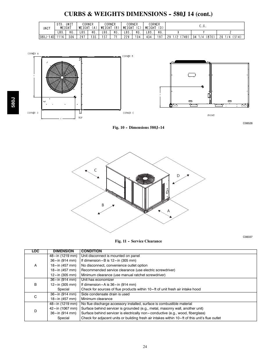 Curbs & weights dimensions j 14 (cont.) | Bryant LEGACY LINE 580J User Manual | Page 24 / 86