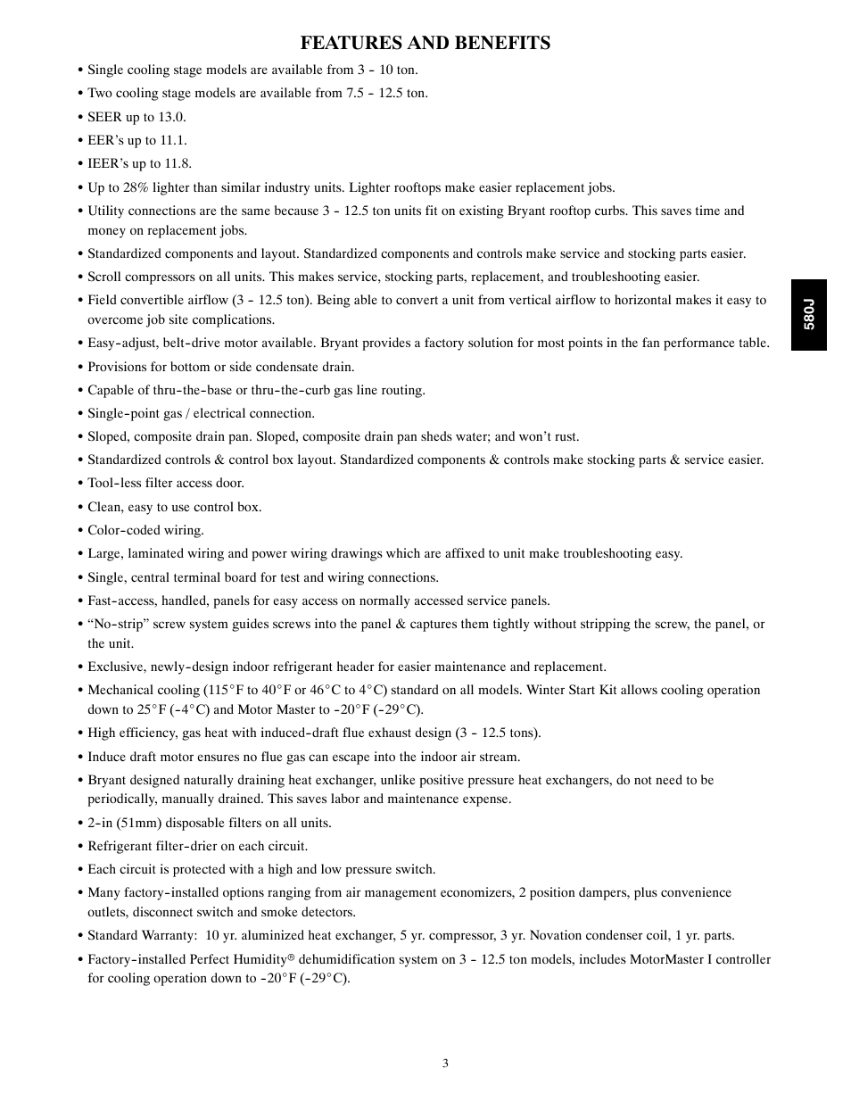 Features and benefits | Bryant LEGACY LINE 580J User Manual | Page 3 / 86