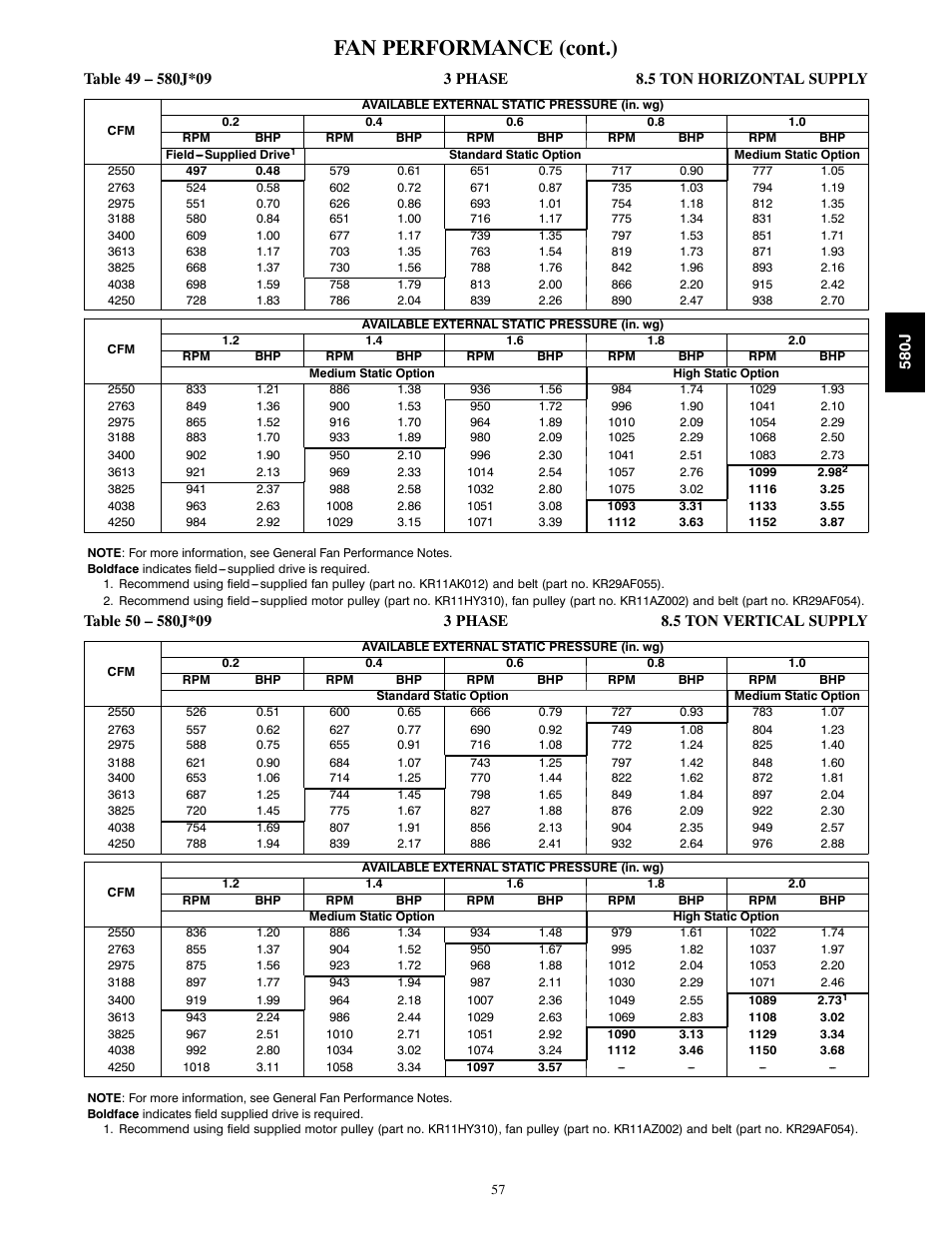 Fan performance (cont.) | Bryant LEGACY LINE 580J User Manual | Page 57 / 86