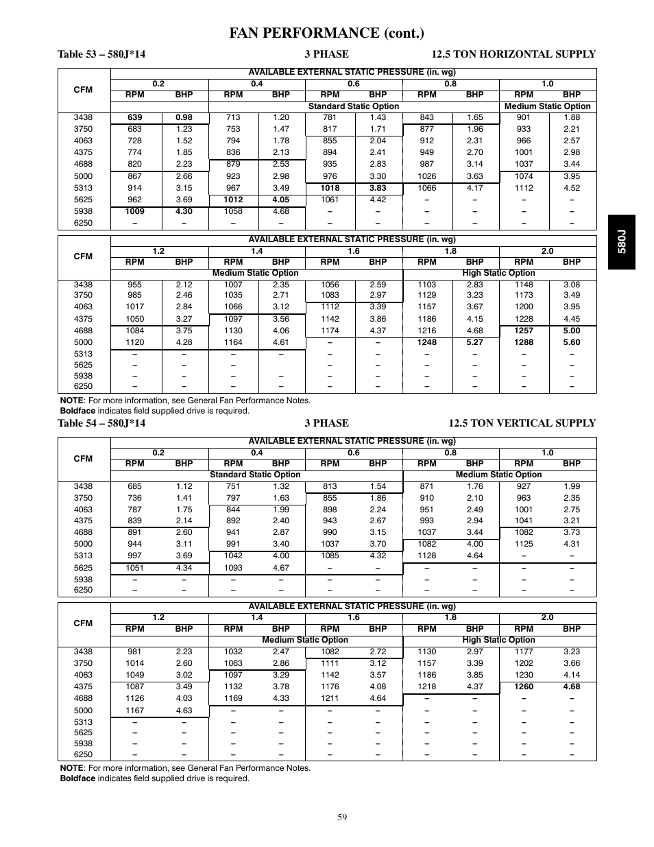 Fan performance (cont.) | Bryant LEGACY LINE 580J User Manual | Page 59 / 86