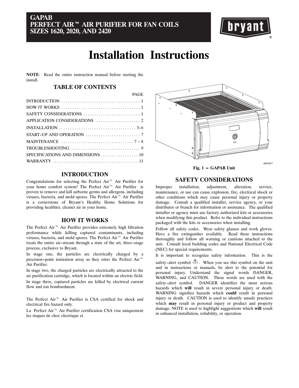 Bryant PERFECT AIR 1620 User Manual | 12 pages