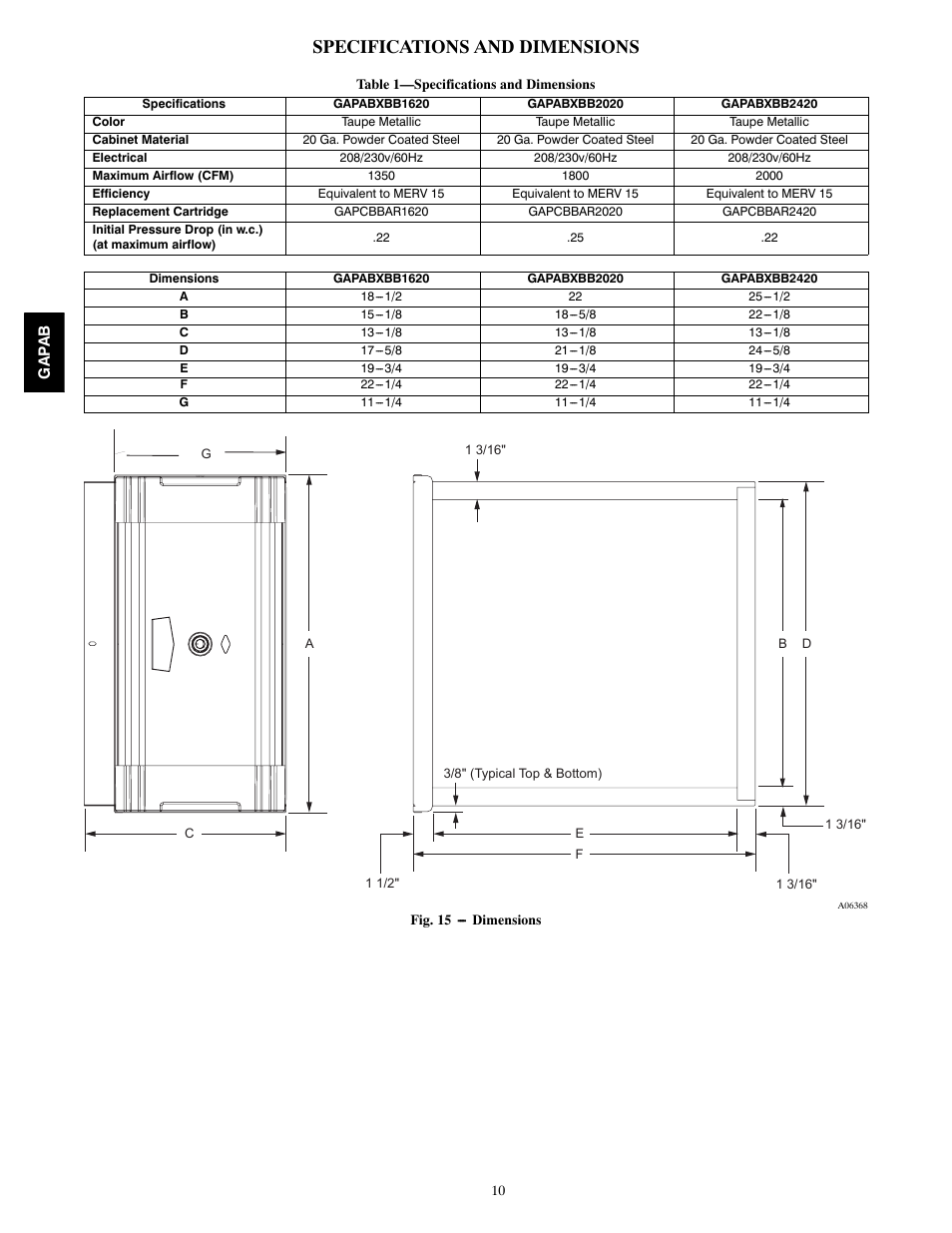 Specifications and dimensions | Bryant PERFECT AIR 1620 User Manual | Page 10 / 12