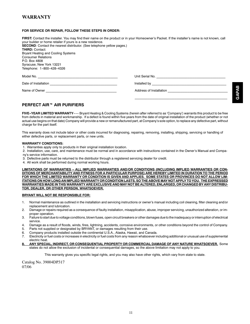 Warranty | Bryant PERFECT AIR 1620 User Manual | Page 11 / 12