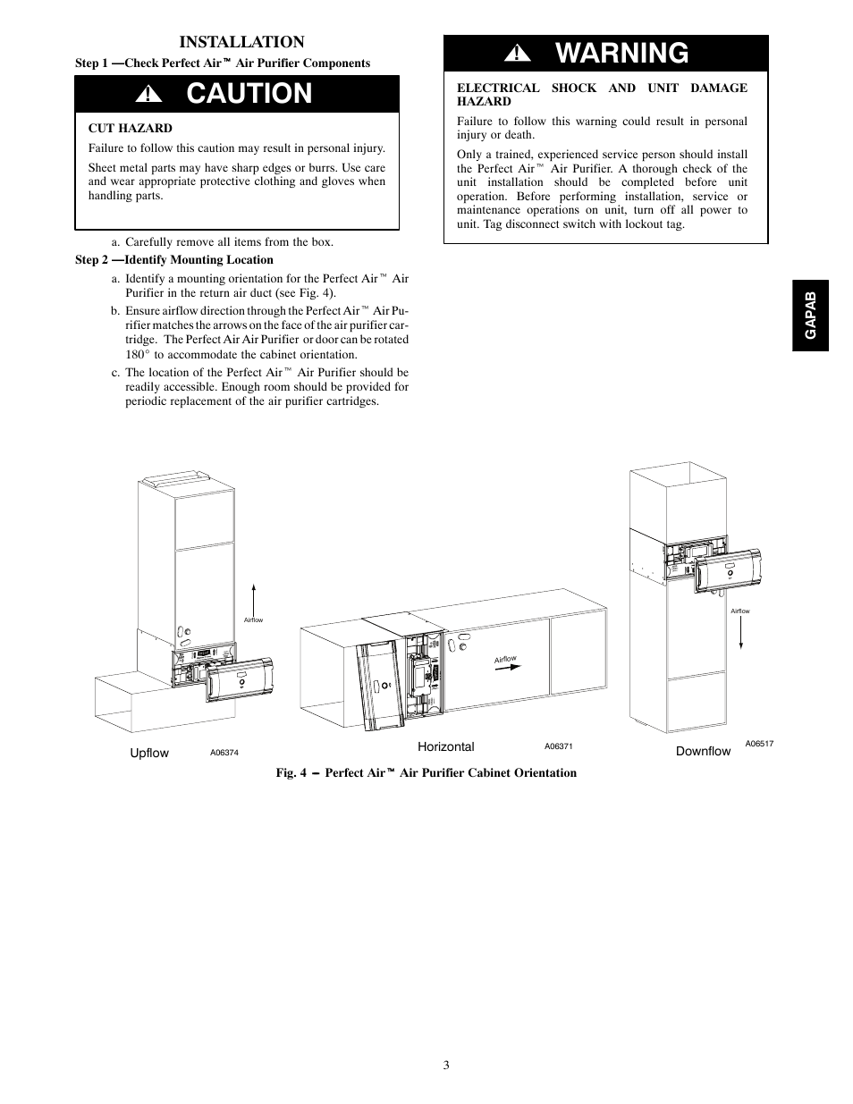 Caution, Warning, Installation | Bryant PERFECT AIR 1620 User Manual | Page 3 / 12