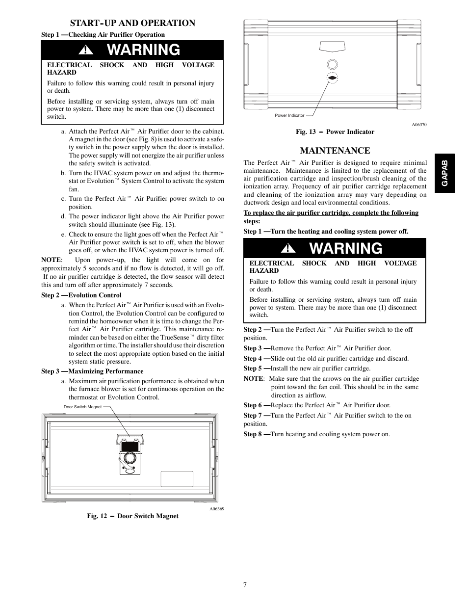 Warning, Start--up and operation, Maintenance | Bryant PERFECT AIR 1620 User Manual | Page 7 / 12