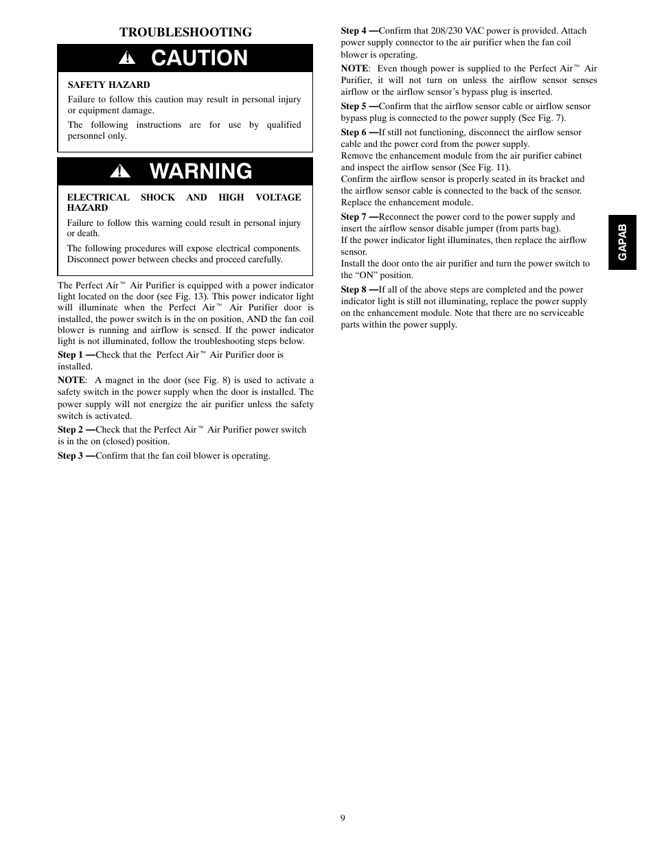 Caution, Warning | Bryant PERFECT AIR 1620 User Manual | Page 9 / 12