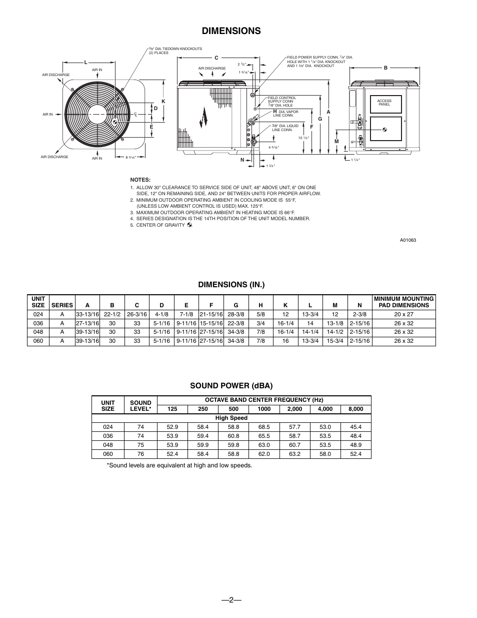 Dimensions, Dimensions (in.) sound power (dba) | Bryant TWO-SPEED PURON PLUS ELECTRIC HEAT PUMP 698B User Manual | Page 2 / 44
