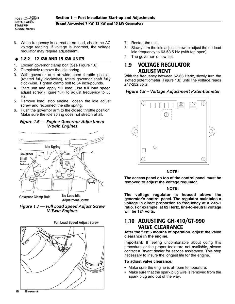 9 voltage regulator adjustment | Bryant Automatic Standby Generator ASPAS1BBA007 User Manual | Page 10 / 52