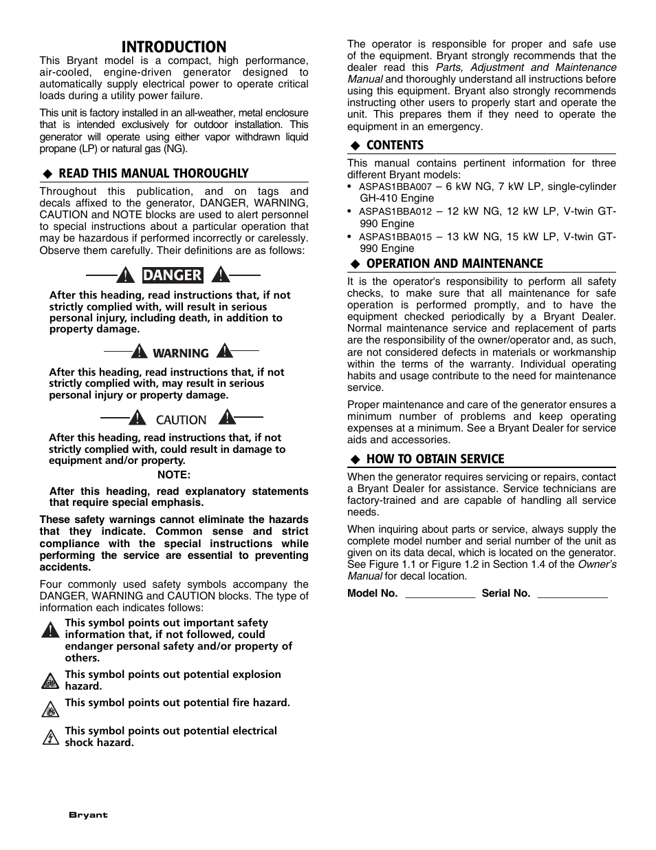 Introduction, Danger | Bryant Automatic Standby Generator ASPAS1BBA007 User Manual | Page 2 / 52