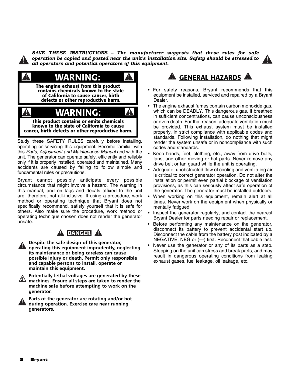 Warning, General hazards | Bryant Automatic Standby Generator ASPAS1BBA007 User Manual | Page 4 / 52