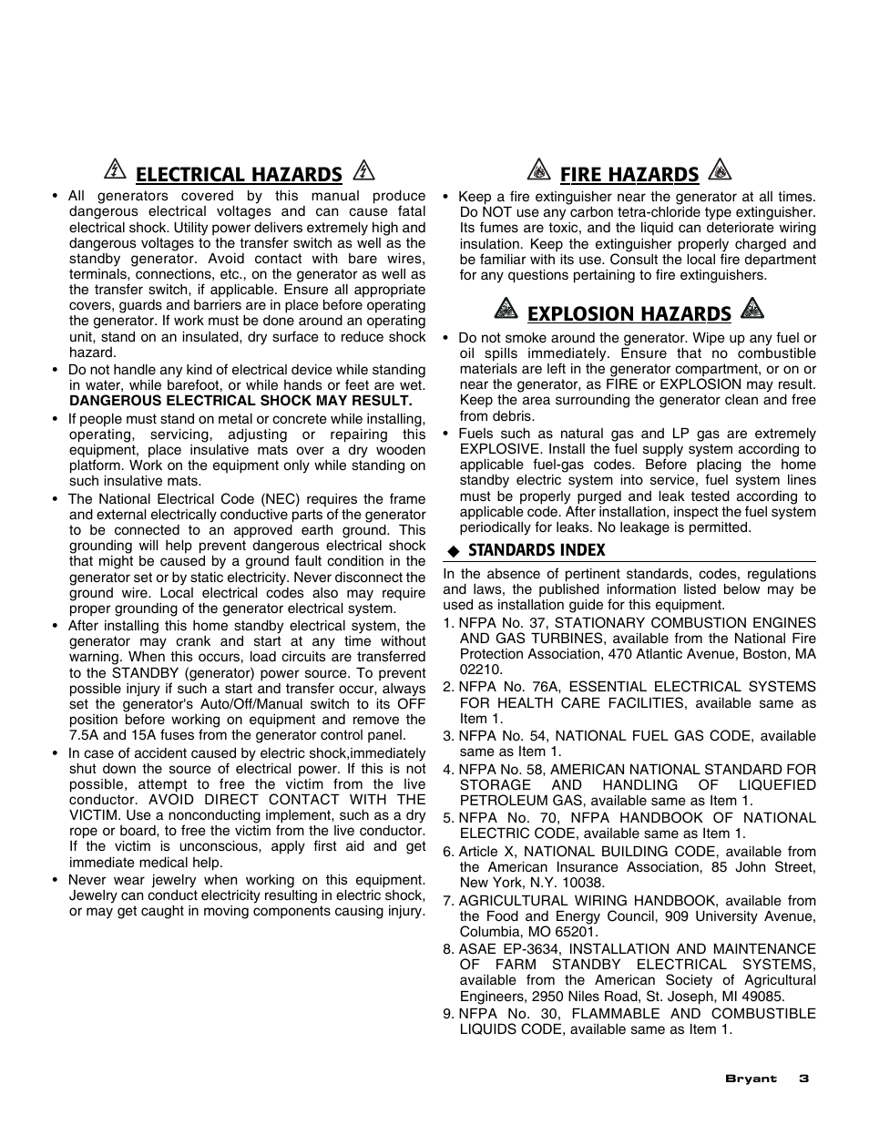 Electrical hazards, Fire hazards, Explosion hazards | Bryant Automatic Standby Generator ASPAS1BBA007 User Manual | Page 5 / 52