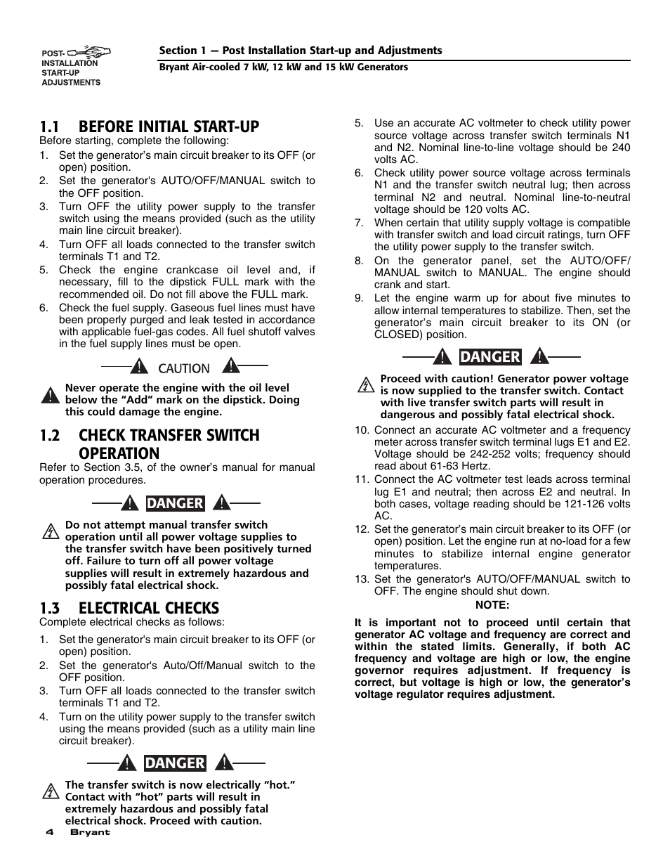 1 before initial start-up, 2 check transfer switch operation, 3 electrical checks | Danger | Bryant Automatic Standby Generator ASPAS1BBA007 User Manual | Page 6 / 52