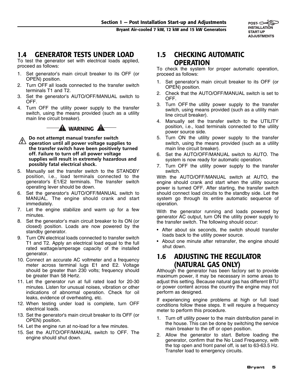 4 generator tests under load, 5 checking automatic operation, 6 adjusting the regulator (natural gas only) | Bryant Automatic Standby Generator ASPAS1BBA007 User Manual | Page 7 / 52