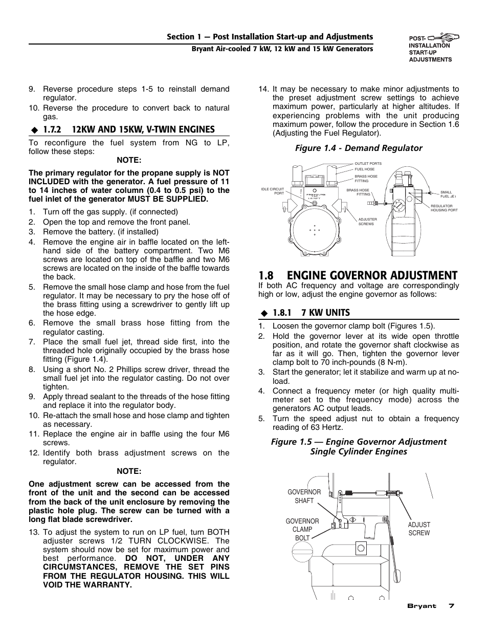 8 engine governor adjustment, 1 7 kw units | Bryant Automatic Standby Generator ASPAS1BBA007 User Manual | Page 9 / 52