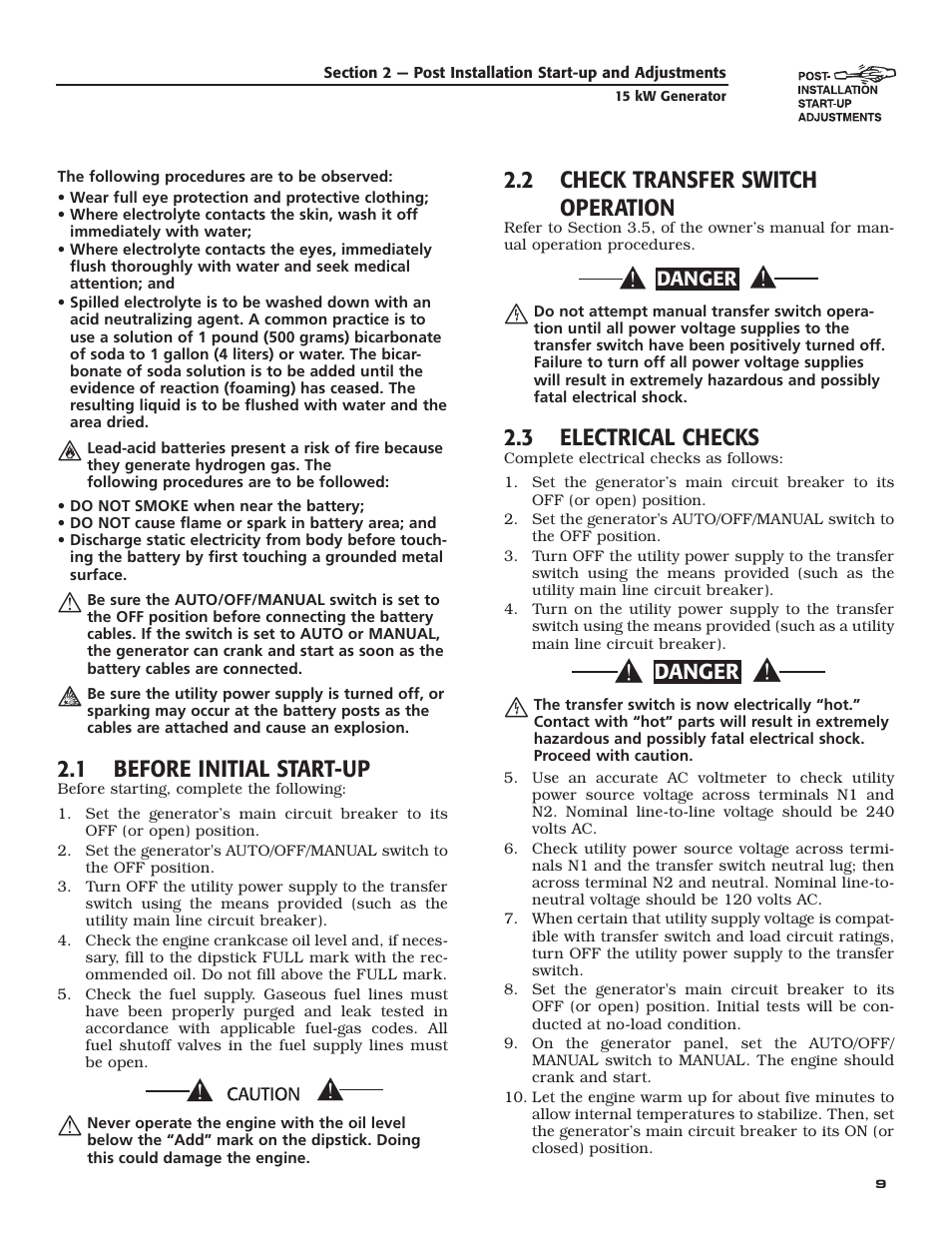 1 before initial start-up, 2 check transfer switch operation, 3 electrical checks | Danger | Bryant ASPAX1BBA015 User Manual | Page 11 / 44