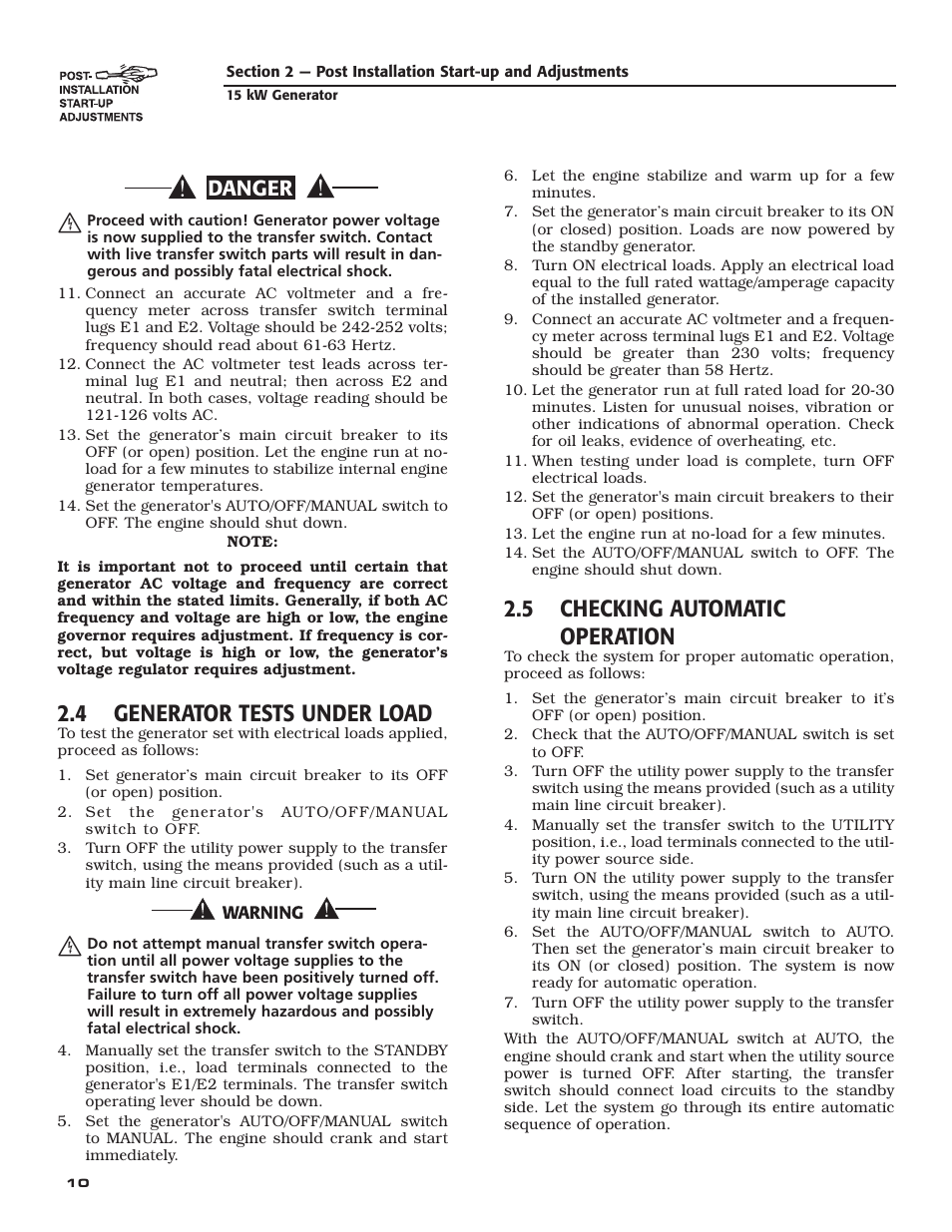 4 generator tests under load, 5 checking automatic operation, Danger | Bryant ASPAX1BBA015 User Manual | Page 12 / 44