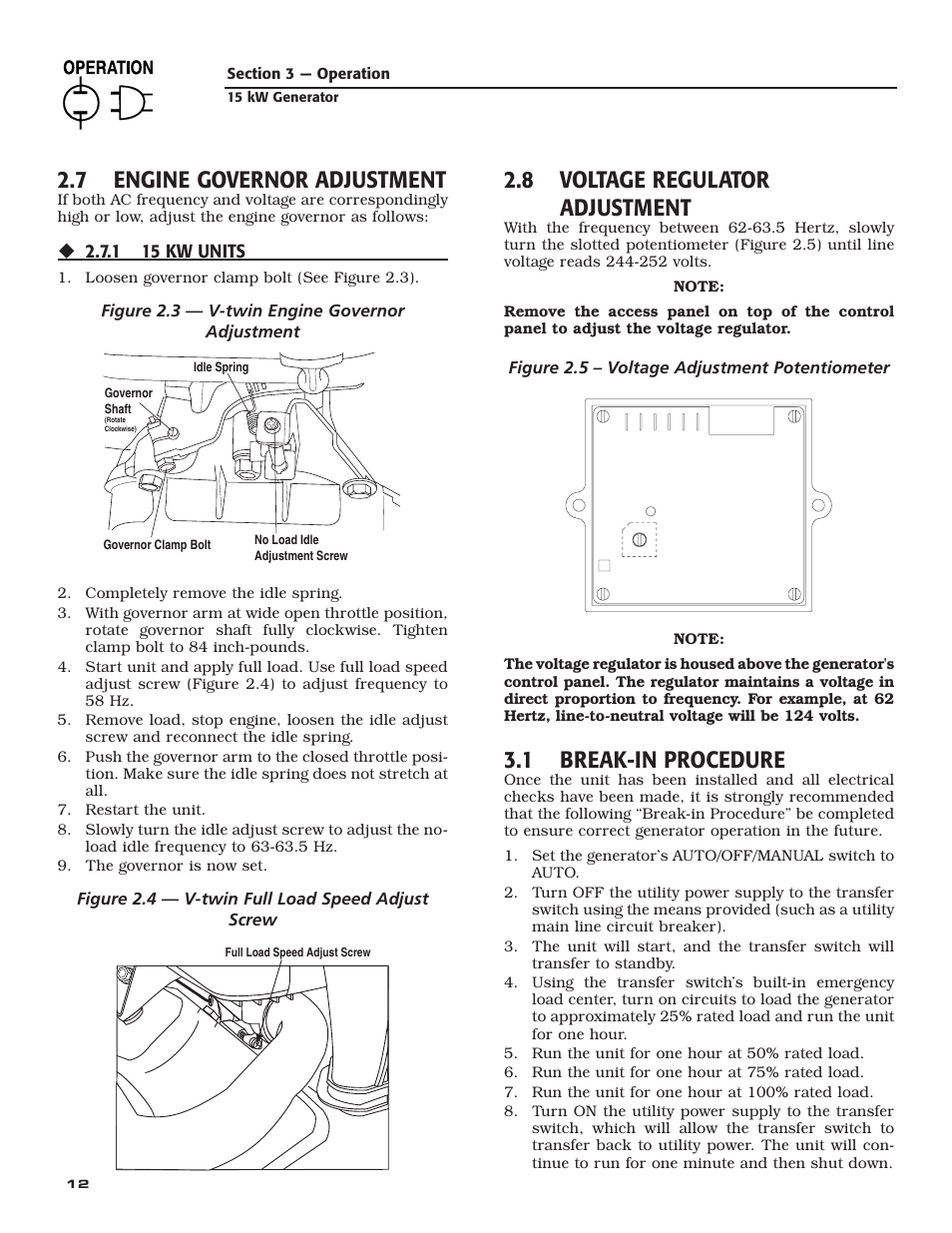 7 engine governor adjustment, 8 voltage regulator adjustment, 1 break-in procedure | Bryant ASPAX1BBA015 User Manual | Page 14 / 44