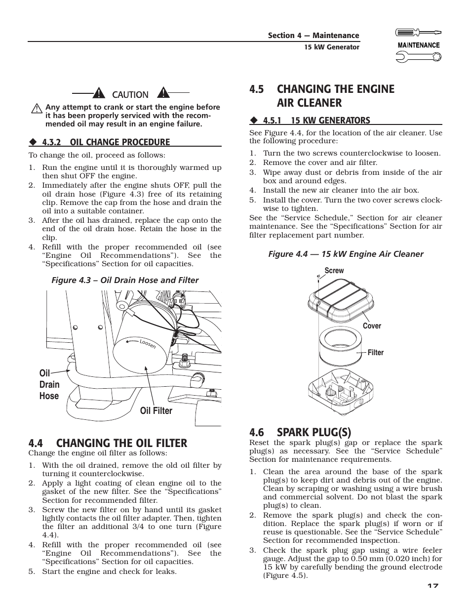 4 changing the oil filter, 5 changing the engine air cleaner, 6 spark plug(s) | Bryant ASPAX1BBA015 User Manual | Page 19 / 44